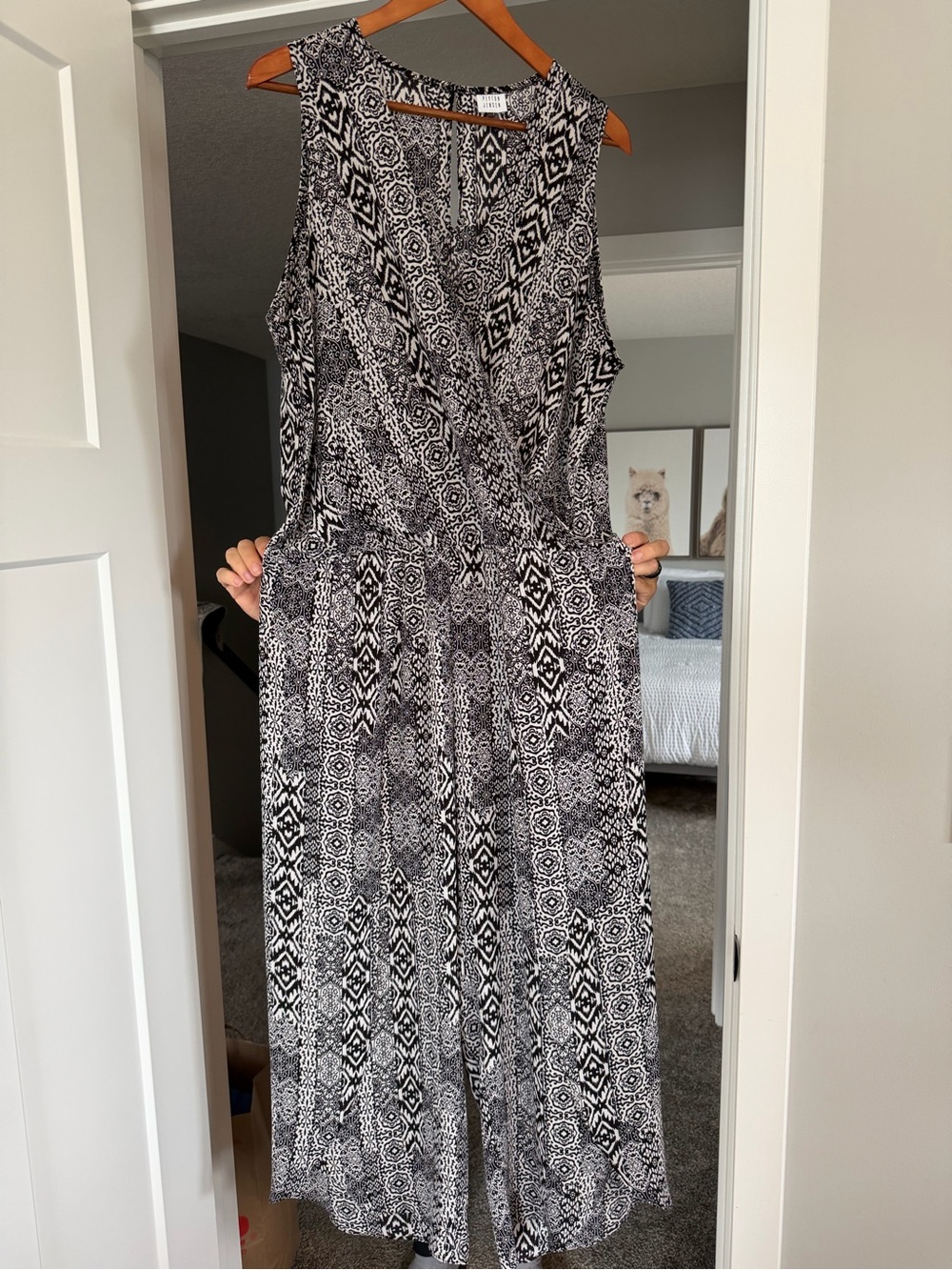 Sleeveless Black & White Geometric Wrap Jumpsuit